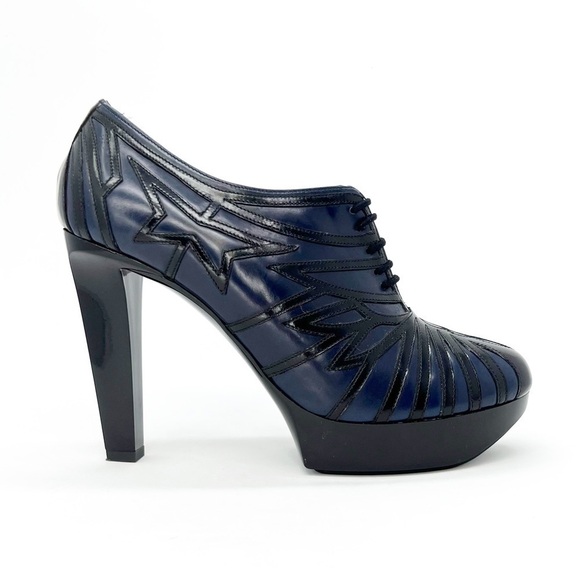 Robert Clergerie Talno Platform Booties Black Blue Leather Size 7.5 Art Deco EUC - Picture 2 of 16